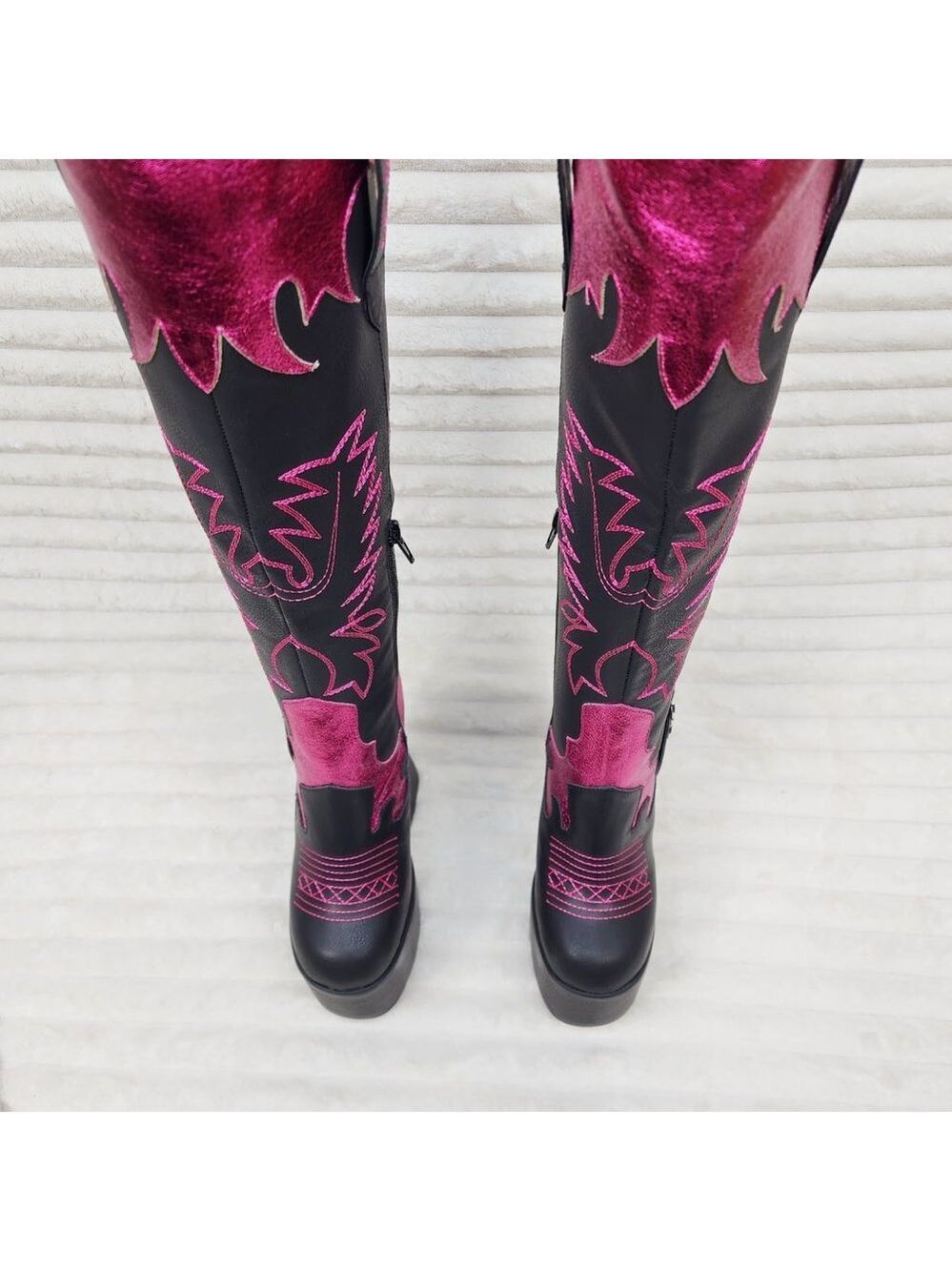 Free Your Mind Western Designed Platform Chunky Heel Knee Boots Festival Gothic - Picture 6 of 17